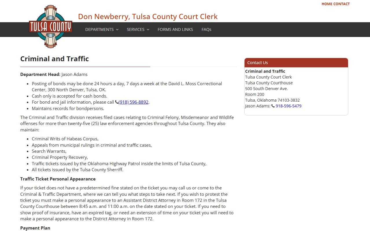 Tulsa County Court Clerk criminal and traffic division page