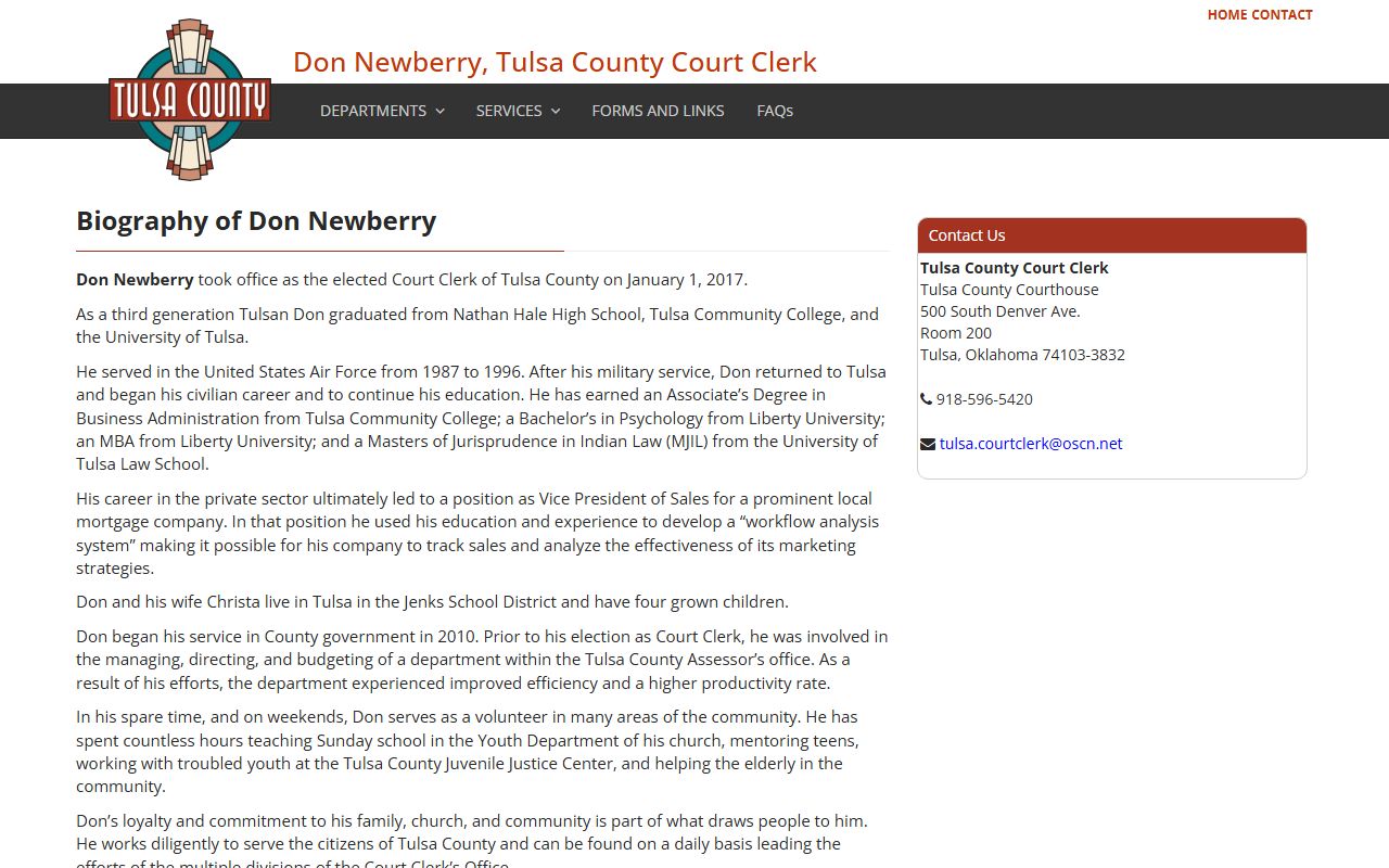 Tulsa County Court Clerk Don Newberry biography page