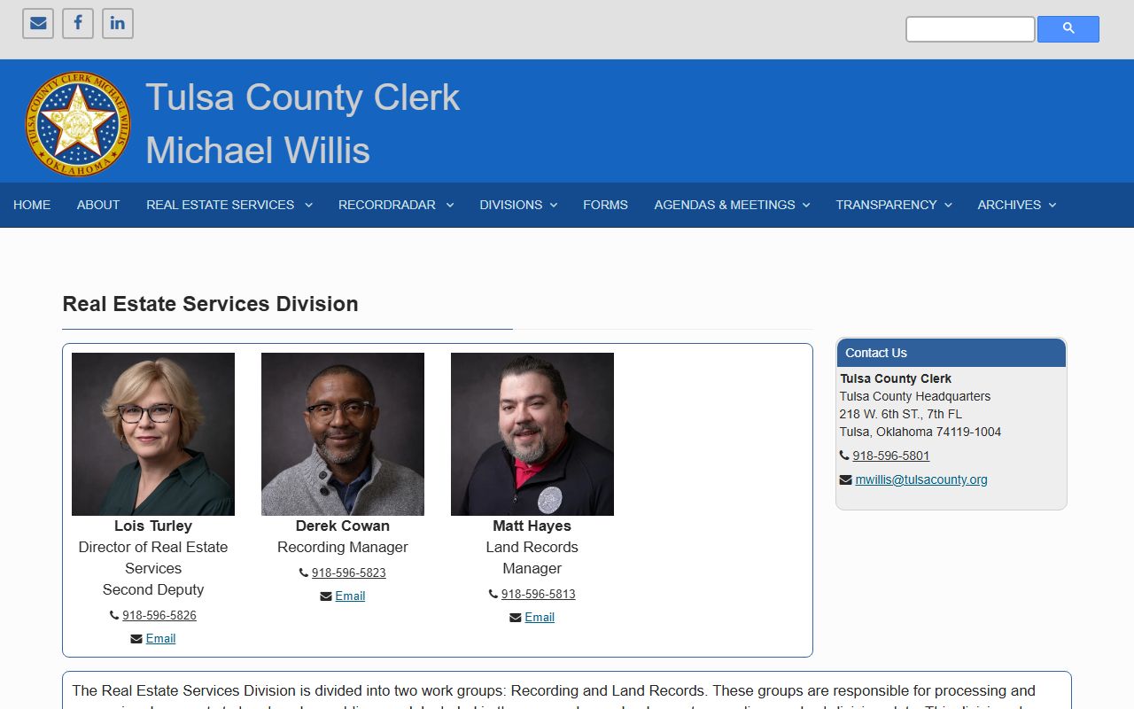 Tulsa County Clerk real estate and land services page
