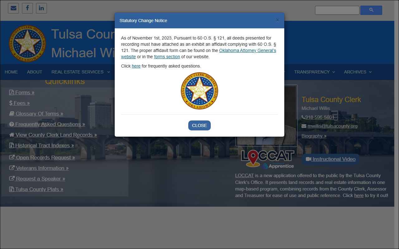 Tulsa County Clerk homepage for land records and open records