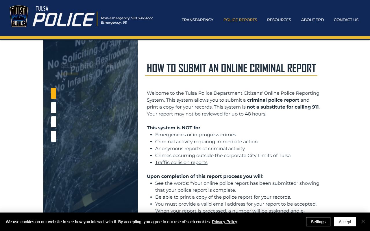 Tulsa Police online report page for Tulsa County arrest records and charges