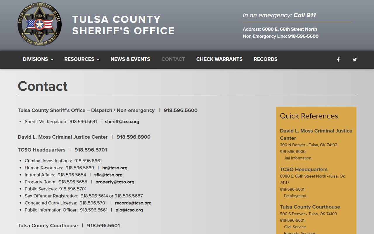 Tulsa County Sheriff contact page for arrest records and court charges