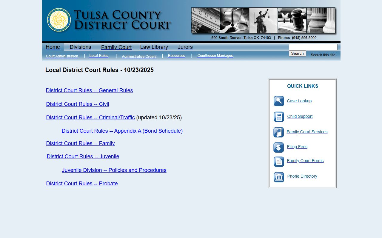 Tulsa County court docket local rules on the District Court local rules page