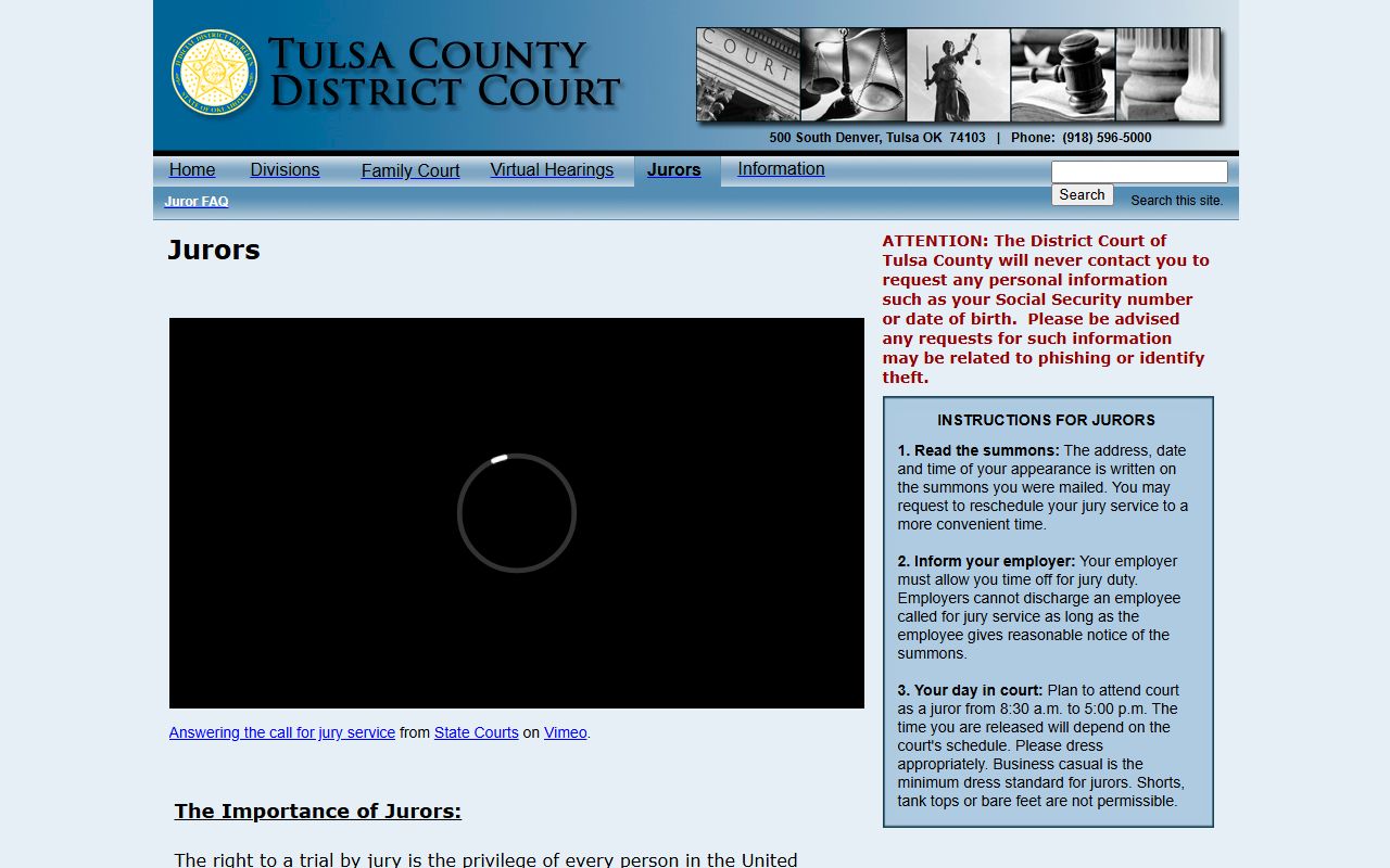 Tulsa County court docket and juror instructions on the District Court juror page