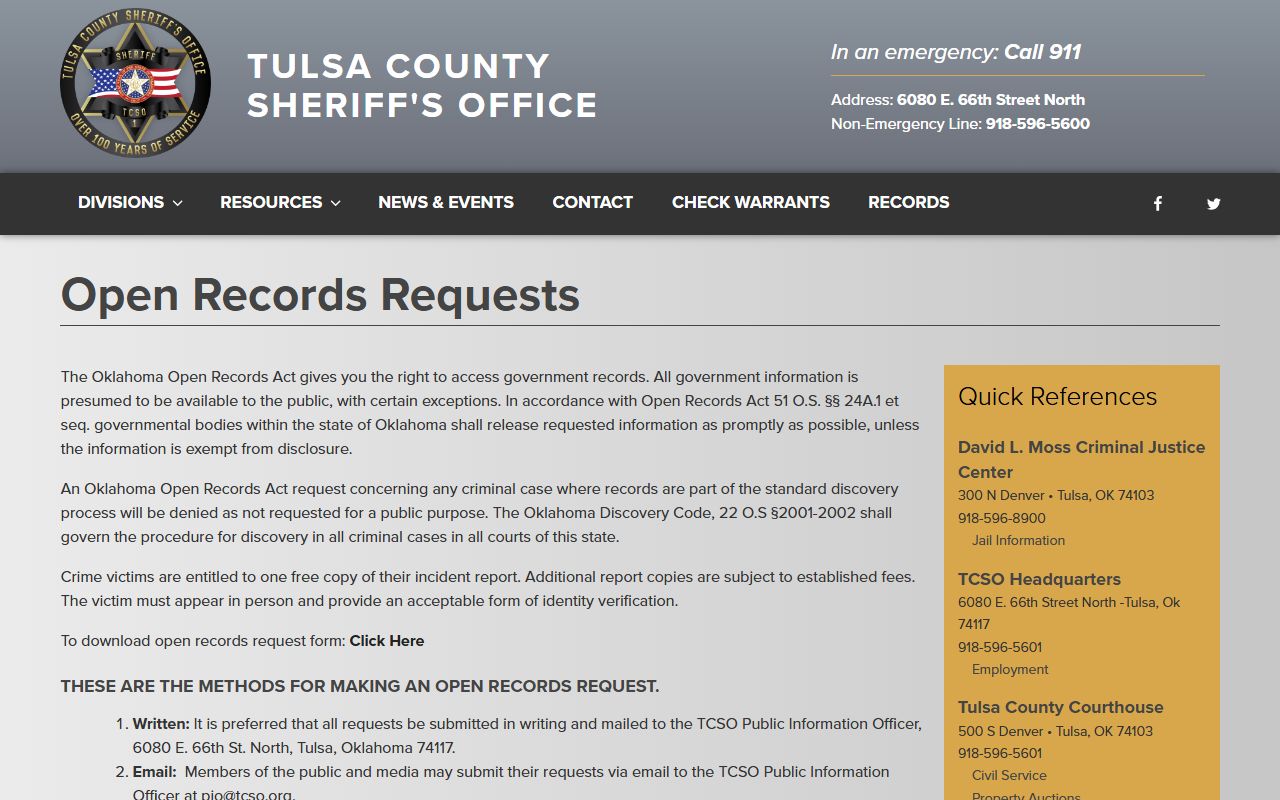 Tulsa County court records and sheriff request methods on the TCSO public-records page