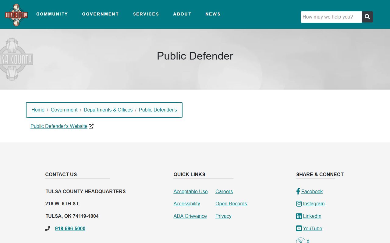 Tulsa County Public Defender page tied to county criminal court records