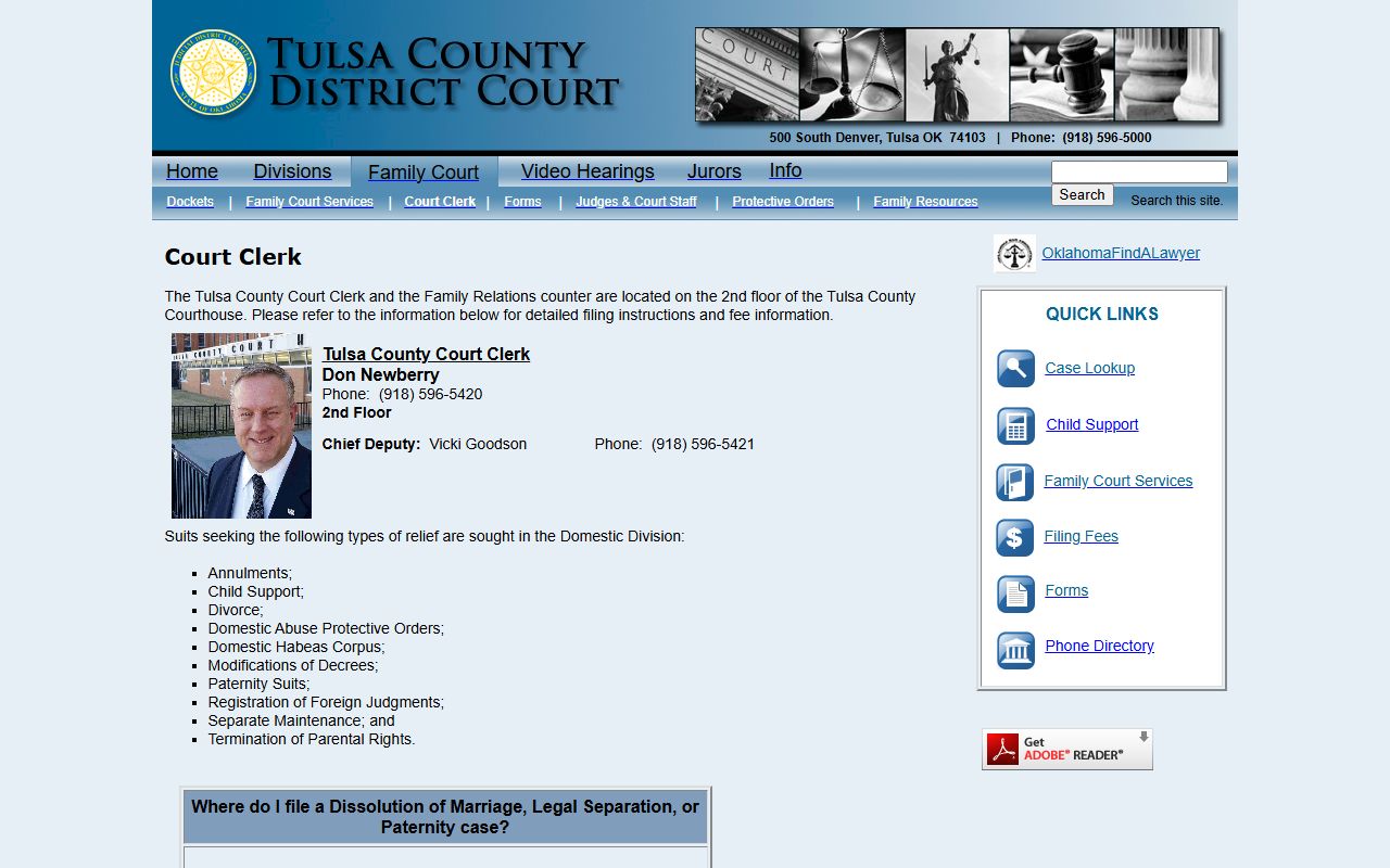 Tulsa County District Court Court Clerk page with filing contacts