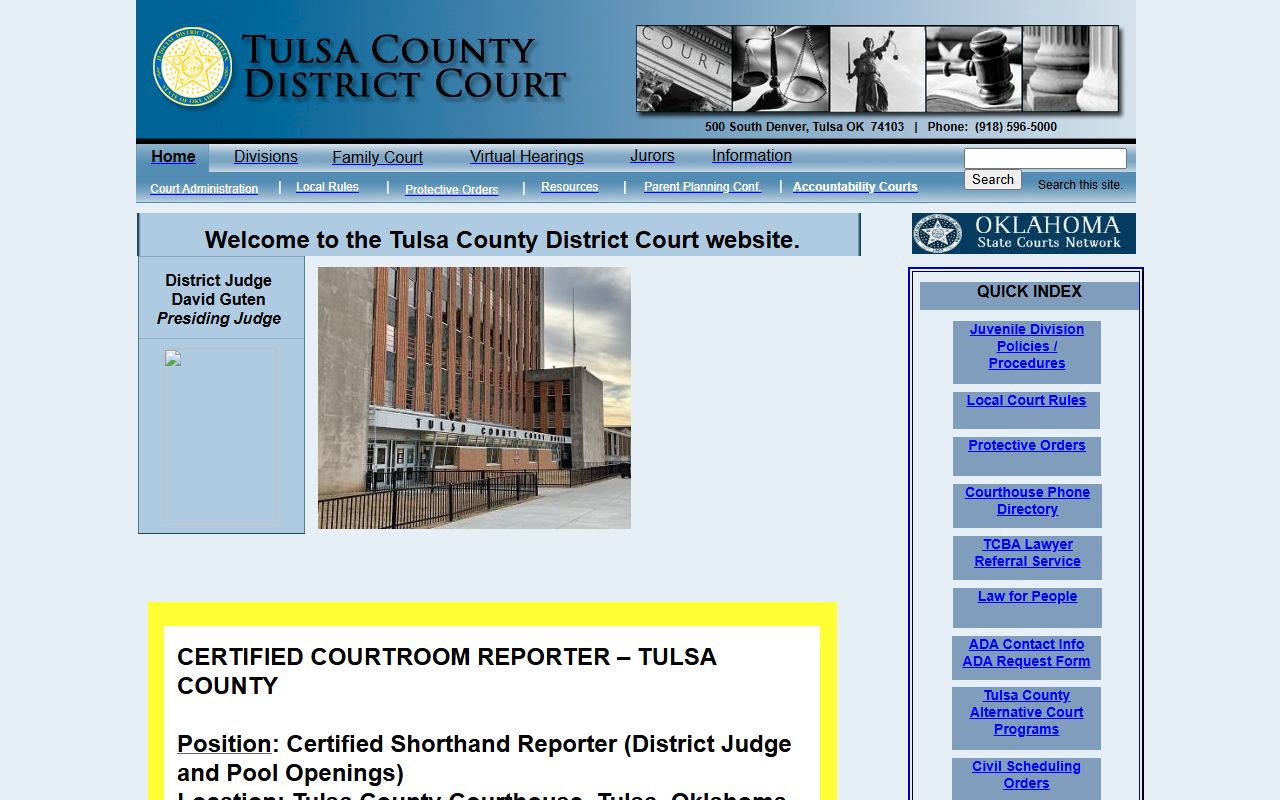 Tulsa County District Court homepage with courthouse address and links