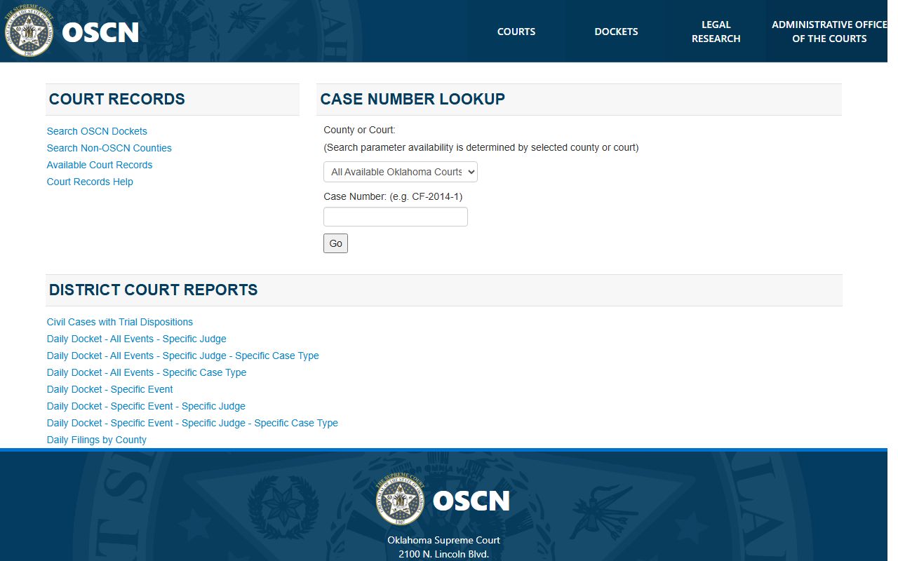 Tulsa County court records search on the OSCN Court Records landing page