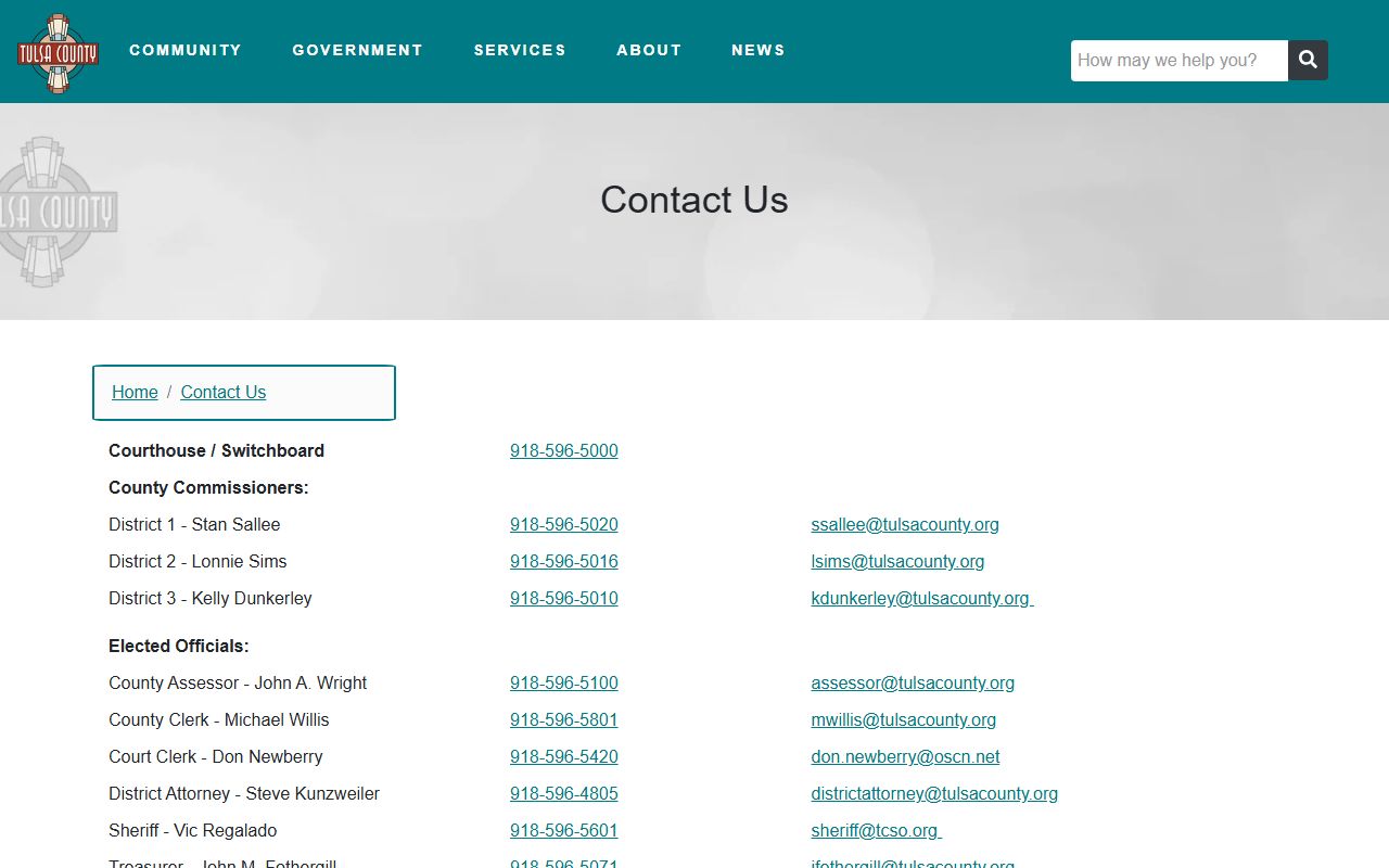 Tulsa County court records office directory on the county contact page