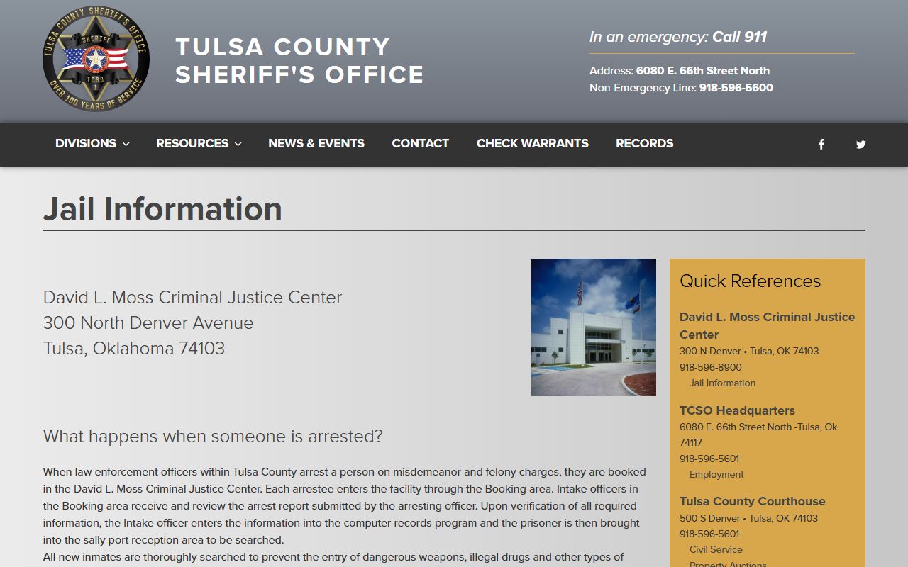 Tulsa County inmate records resources on the TCSO jail information page