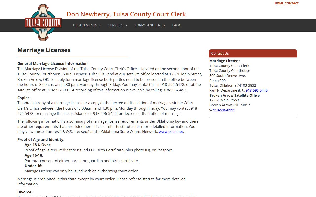 Tulsa County marriage records license page at the Court Clerk