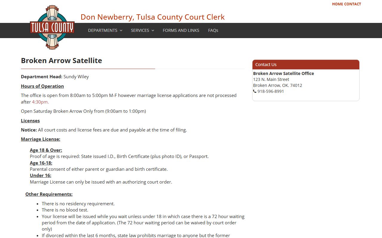 Tulsa County marriage records Broken Arrow satellite office page