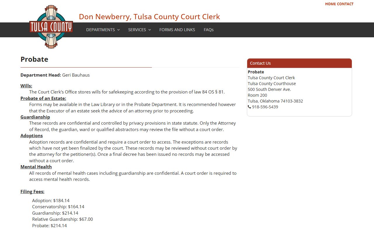 Tulsa County probate records page at the Court Clerk