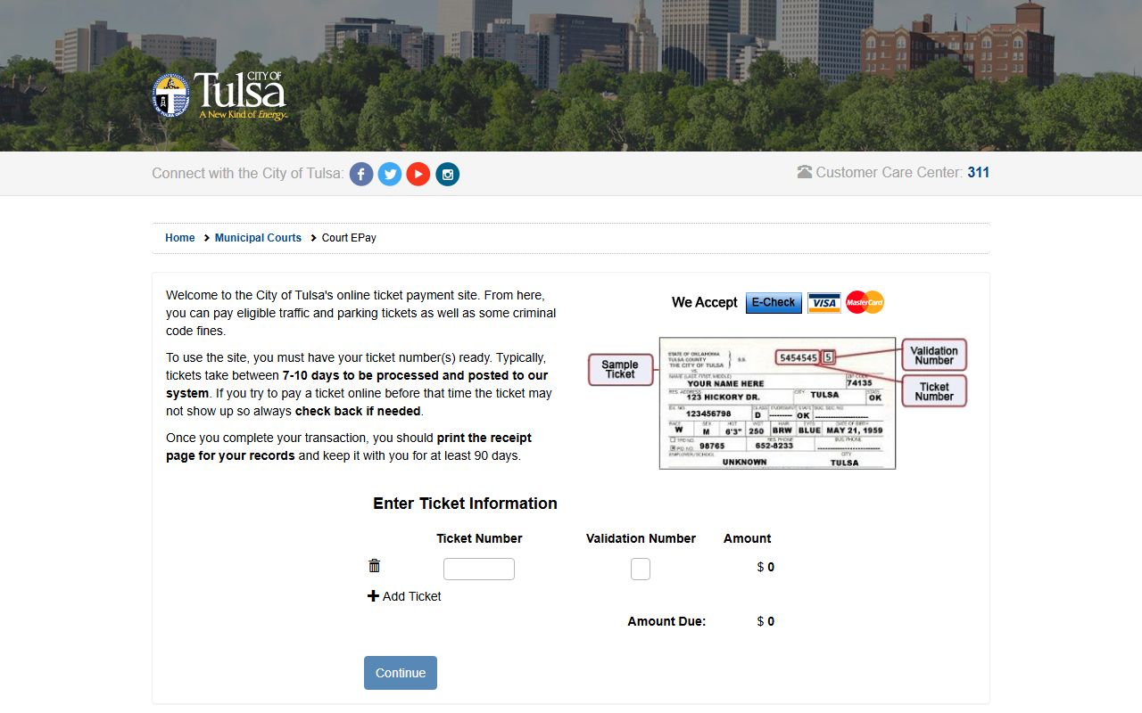 Tulsa County traffic court records payment entry on the Tulsa Municipal Court e-pay screen