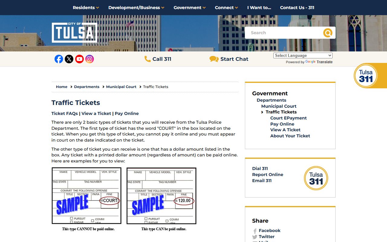 Tulsa County traffic court records payment instructions on the City of Tulsa traffic-ticket page
