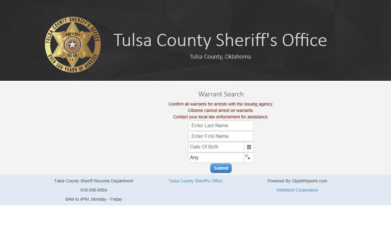 Tulsa County warrant records search on the TCSO GlyphReports portal