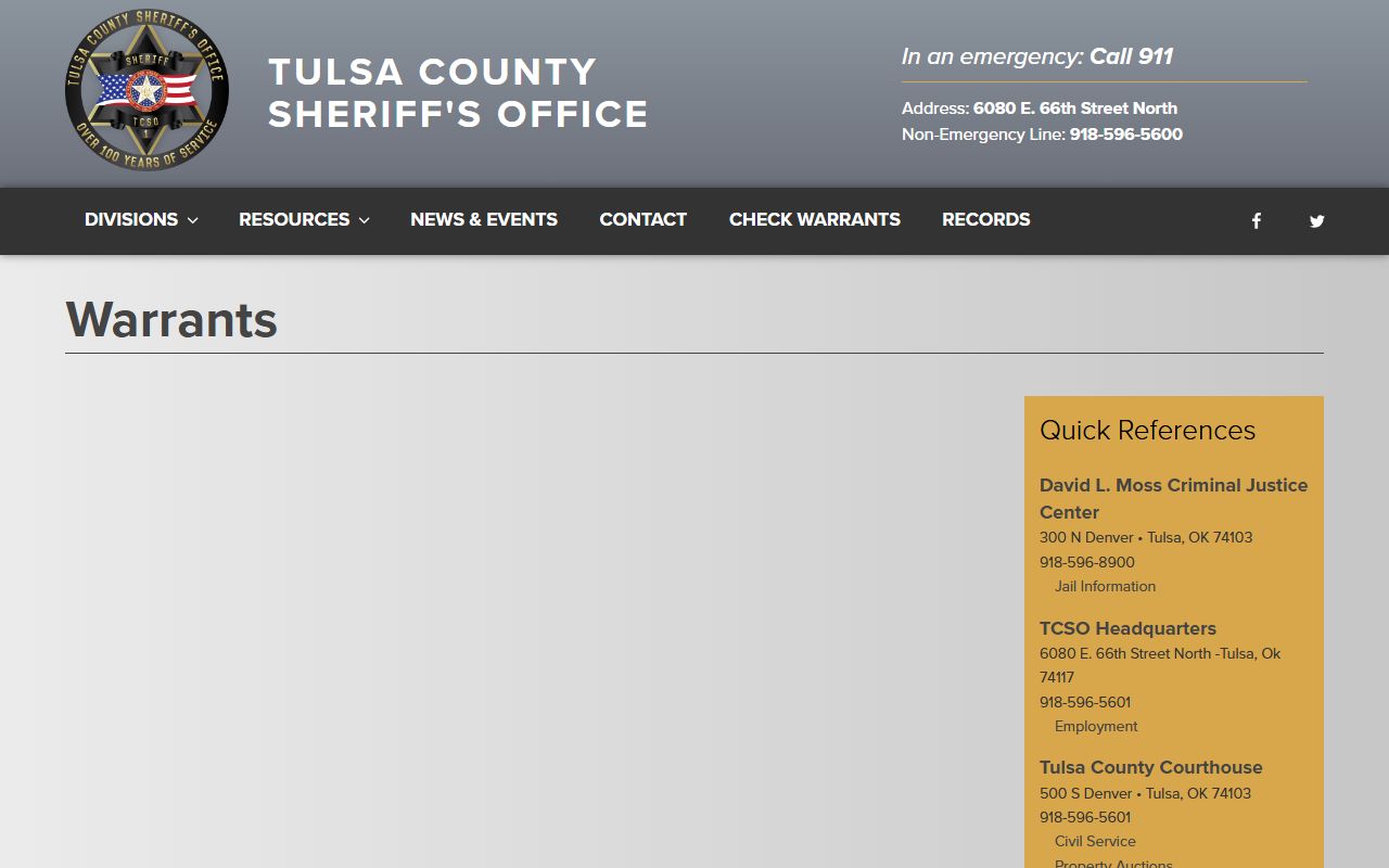 Tulsa County warrant records search on the Sheriff's Office warrants page