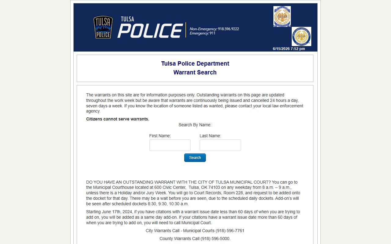 Tulsa County warrant records lookup on the Tulsa Police Department warrant search